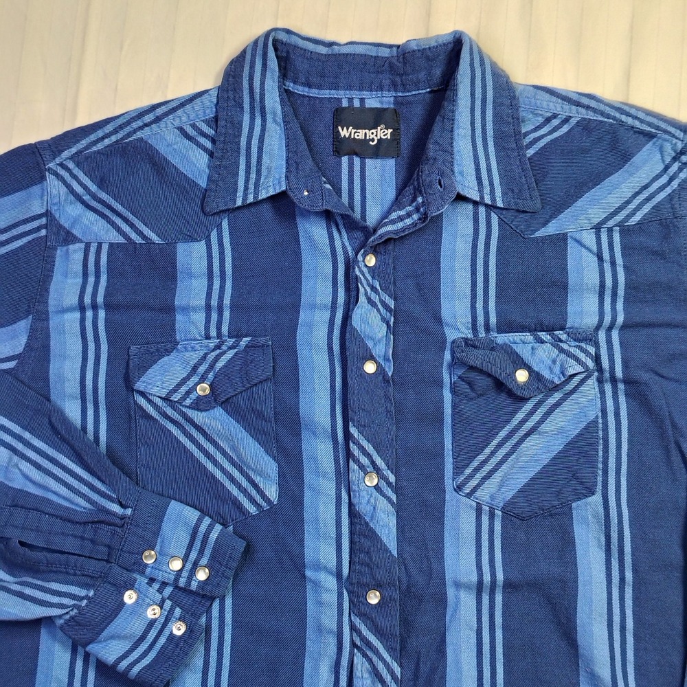 Wrangler Western Snap Shirt Mens 2XL Blue Striped Heavy Twill Long Sleeve